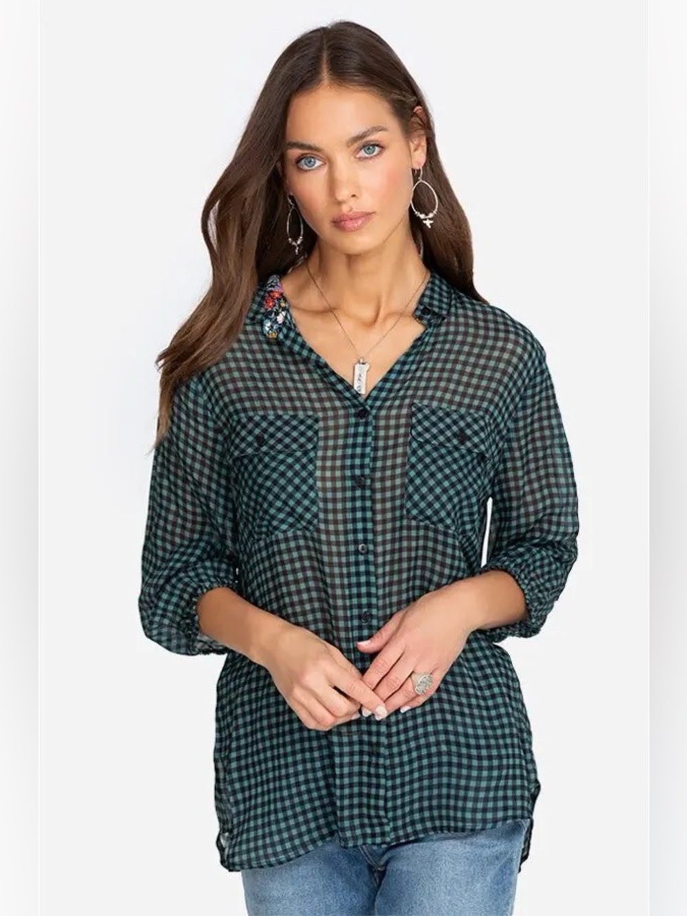 Johnny Was Jetta Striped Button Down Blouse Boho Chic Women Size M